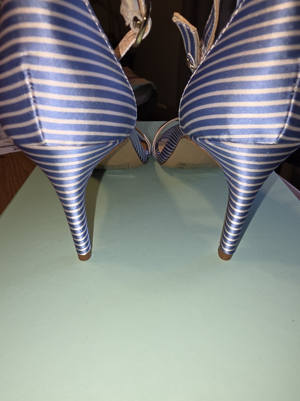 Kelly & Katie Kirstie Blue Stripe Ankle-Strap Sandals 3" Heel - Picture 2 of 4